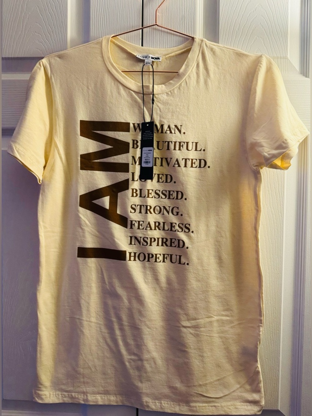 Fashion Nova Cream Graphic 'I AM' Short Sleeve Tee